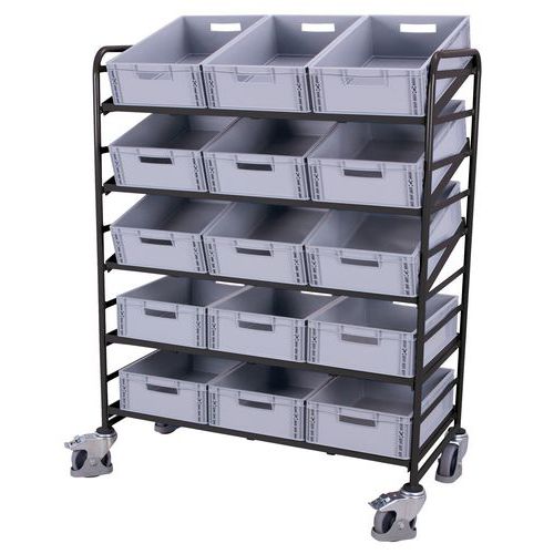 Wózek regałowy Euro z pojemnikami i półkami skośnymi, 5 półek, 135 x 66,5 x 170 cm Wózek regałowy Euro z pojemnikami i półkami skośnymi, 5 półek, 135 x 66,5 x 170 cm