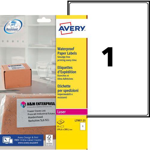 Etykiety samoprzylepne Avery, wodoodporne - Etykiety samoprzylepne Avery, wodoodporne, 199,6 x 289,1 mm