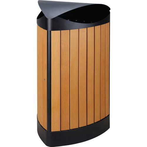 Zewnętrzny trójkątny kosz na śmieci z wykończeniem „wood look” 60 l – Vepabins - Zewnętrzny trójkątny kosz na śmieci wykończony drewnem 60 l czarny/dr