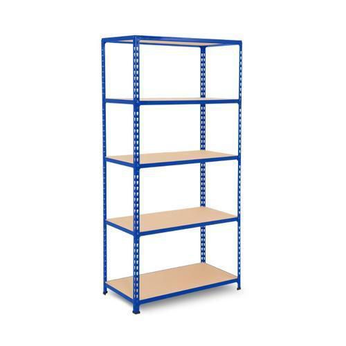 Metalowe regały bezśrubowe Rapid 2 - Regał metalowy Rapid 2, 198 × 91,5 × 61 cm, 340 kg/półkę, 5 półek z płyty wiórowej, niebieski