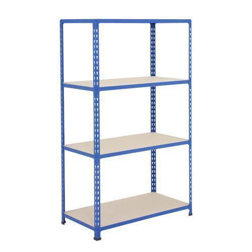 Metalowe regały bezśrubowe Rapid 2 - Regał metalowy Rapid 2, 160 × 91,5 × 30,5 cm, 340 kg/półkę, 4 półki z płyty wiórowej, niebieski