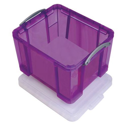 Plastikowe boksy magazynowe z wiekiem na zatrzask, fioletowe - Plastikowy pojemnik do przechowywania z pokrywą na zatrzask, fioletowy, 35 l
