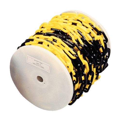 Plastikowe łańcuszki na szpuli, czarno-żółte - Łańcuszek plastikowy na szpuli, 10 mm x 25 m, czarno-żółty