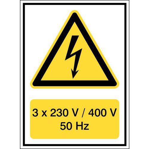 Znaki ostrzegawcze, polipropylen - Znak ostrzegawczy - „Uwaga, napięcie elektryczne: 3 X 230V/400V/50HZ” – polipropylen