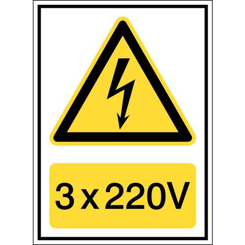 Znaki ostrzegawcze, polipropylen - Znak ostrzegawczy - „Uwaga, napięcie elektryczne: 3x 220 V” - polipropylen