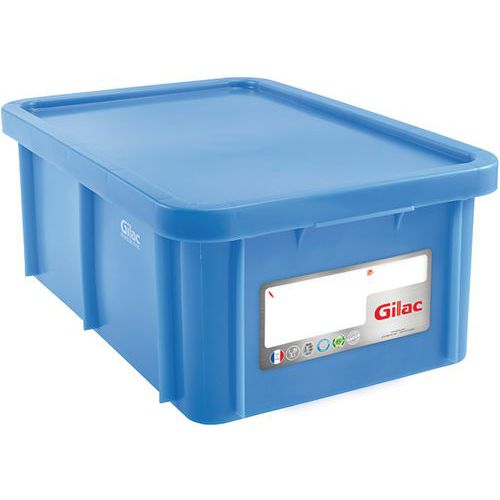 Skrzynki plastikowe do układania w stosy z pokrywą Gilac - Skrzynia plastikowa składana z pokrywą Gilac, 35 l, niebieska