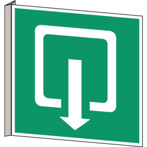 Znaki ewakuacyjne — ewakuacja windą w dół — PCV - Znak ewakuacji awaryjnej - Ewakuacja przez podniesienie - PVC, wymiary: 200 x 200 mm