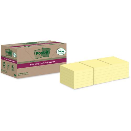 Super Sticky Post-it® karteczki samoprzylepne z recyklingu, żółte, 76×76 mm - Karteczki samoprzylepne Post-it® Super Sticky z recyklingu, żółte, 76×76