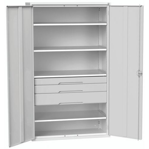 Szafki warsztatowe Bott Verso z szufladami, wysokość 200 cm - Szafka warsztatowa z szufladami Bott Verso, 200 x 130 x 55 cm, 4 półki, 3 szuflady, szar