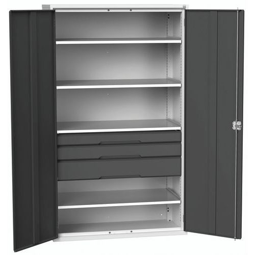 Szafki warsztatowe Bott Verso z szufladami, wysokość 200 cm - Szafka warsztatowa z szufladami Bott Verso, 200 x 130 x 55 cm, 4 półki, 3 szuflady, szar