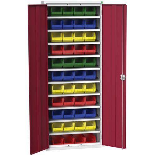 Szafy Bott Verso ze skrzynkami typ #3 - Szafka Bott Verso z pudełkami, 200 x 80 x 35 cm, 10 półek, 44 pudełka, szaro-czerwona