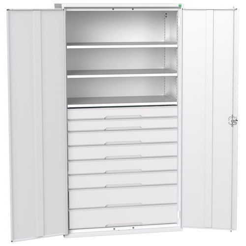 Szafki warsztatowe Bott Verso z szufladami, wysokość 200 cm - Szafka warsztatowa z szufladami Bott Verso, 200 x 105 x 55 cm, 3 półki, 8 szuflad, szaro