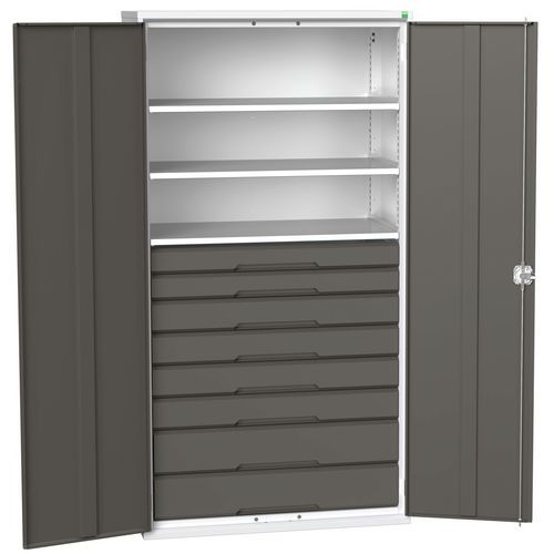 Szafki warsztatowe Bott Verso z szufladami, wysokość 200 cm - Szafka warsztatowa z szufladami Bott Verso, 200 x 105 x 55 cm, 3 półki, 8 szuflad, szaro