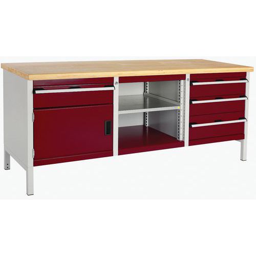 Stół warsztatowy Bott Cubio Storage, 84 x 200 x 75 cm, 1 szafka, 4 szuflady, otwarta przestrzeń z półką, multipleks/linoleum - Stół warsztatowy Bott C