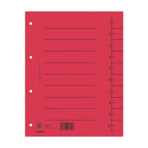 Przekładka DONAU, karton, A4, 235x300mm, 1-10, 1 karta - Przekładka DONAU, karton, A4, 235x300mm, 1-10, 1 karta, czerwona, sprzedaż po 100 szt.