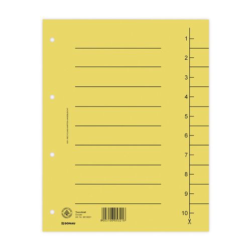 Przekładka DONAU, karton, A4, 235x300mm, 1-10, 1 karta - Przekładka DONAU, karton, A4, 235x300mm, 1-10, 1 karta, żółta, sprzedaż po 100 szt.