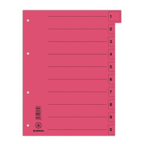 Przekładka DONAU, karton, A4, 235x300mm, 0-9, 1 karta z perforacją - Przekładka DONAU, karton, A4, 235x300mm, 0-9, 1 karta z perforacją, czerwona, spr