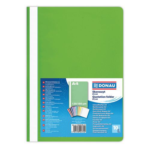 Skoroszyt DONAU, A4, standard, 120/180mikr. - Skoroszyt DONAU, A4, standard, 120/180mikr., jasnozielony, sprzedaż po 10 szt.