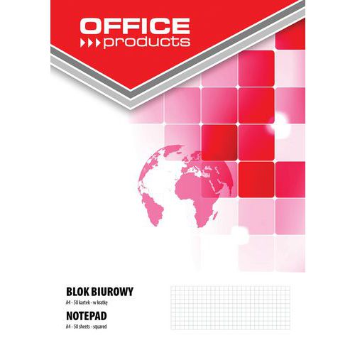 Blok biurowy OFFICE PRODUCTS, A4, w kratkę, 50 kart., 70gsm - Blok biurowy OFFICE PRODUCTS, A4, w kratkę, 50 kart., 70gsm, sprzedaż po 10 szt.