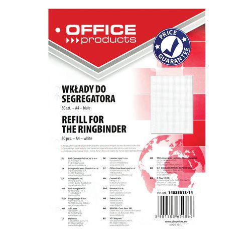 Wkład do segregatora OFFICE PRODUCTS, A4, w kratkę, 50 kart. - Wkład do segregatora OFFICE PRODUCTS, A4, w kratkę, 50 kart., biały, sprzedaż po 20 szt