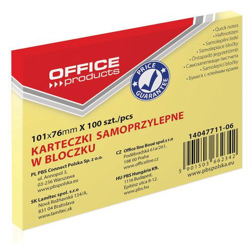 Bloczek samoprzylepny OFFICE PRODUCTS, 101x76mm, 1x100 kart., pastel, jasnożółty - Bloczek samoprzylepny OFFICE PRODUCTS, 101x76mm, 1x100 kart., paste
