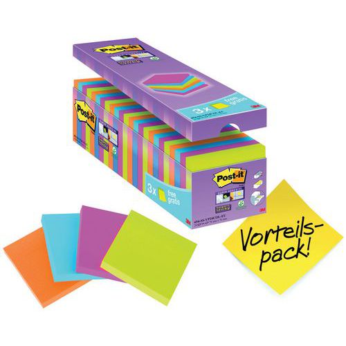 Bloczki samoprzylepne POST-IT® Super Sticky (654-SS-VP24COL), 76x76mm, 24x90 kart., mix kolorów, 3 bloczki GRATIS