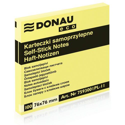 Bloczek samoprzylepny DONAU Eco, 76x76mm, 1x100 kart., jasnożółty - Bloczek samoprzylepny DONAU Eco, 76x76mm, 1x100 kart., jasnożółty, sprzedaż po 12 