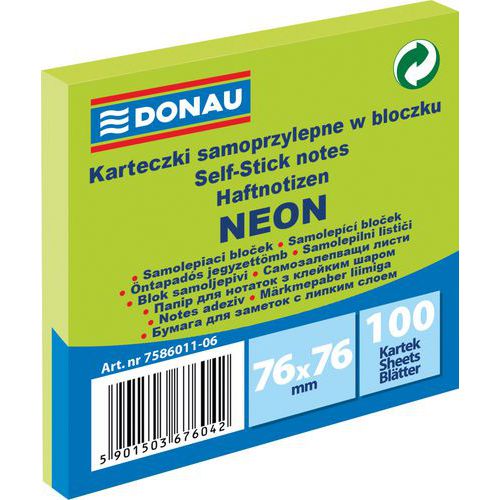 Bloczek samoprzylepny DONAU, 76x76mm, 1x100 kart., neon - Bloczek samoprzylepny DONAU, 76x76mm, 1x100 kart., neon, zielony
