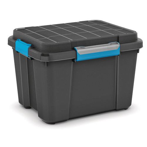 Plastikowe boksy magazynowe z wiekiem na zatrzask Scuba, czarne - Pojemnik plastikowy do przechowywania Scuba, czarny, 45 l