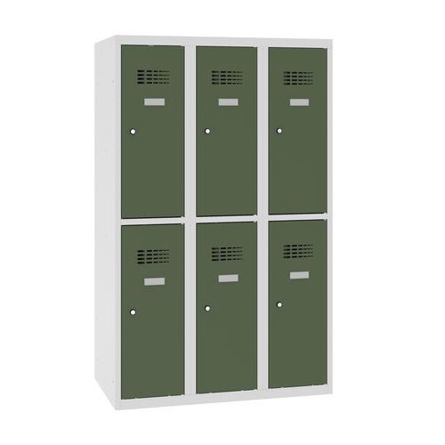 Niższe szafki szatniowe szkolne, 6 przedziałów, 300 mm, zamek cylindryczny - Niższa szafka szatniowa szkolna, 6 przedziałów, 300 mm, szara/zielona, za