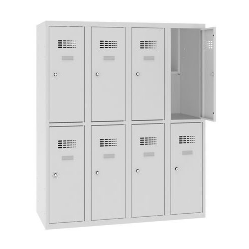 Niższe szafki szatniowe szkolne, 8 przedziałów, 300 mm, zamek cylindryczny - Niższa szafka szatniowa szkolna, 8 przedziałow, 300 mm, szara/szara, zame