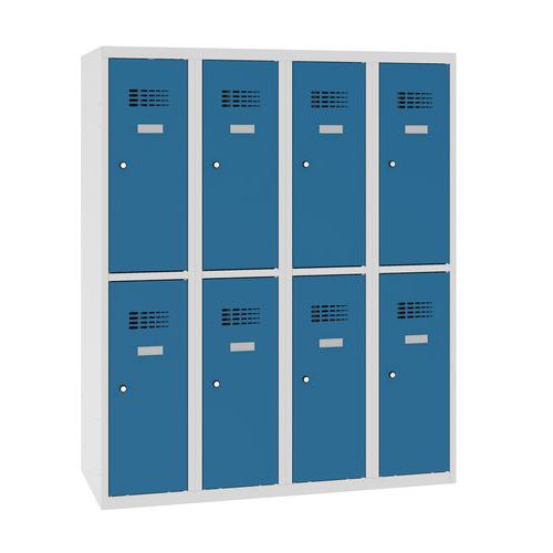 Niższe szafki szatniowe szkolne, 8 przedziałów, 300 mm, zamek cylindryczny - Niższa szafka szatniowa szkolna, 8 przedziałow, 300 mm, szara/niebieska, 