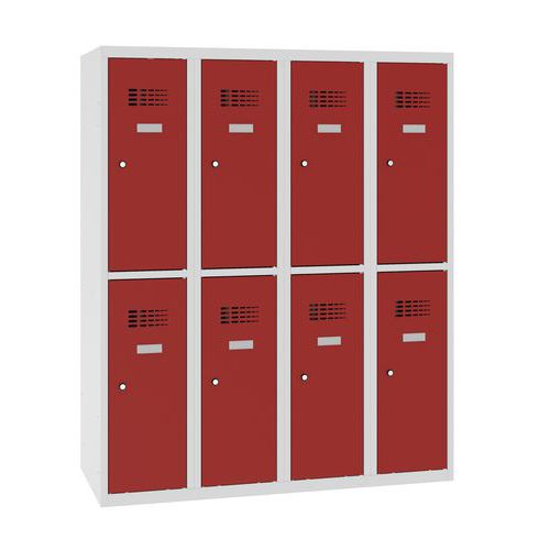 Niższe szafki szatniowe szkolne, 8 przedziałów, 300 mm, zamek cylindryczny - Niższa szafka szatniowa szkolna, 8 przedziałow, 300 mm, szara/czerwona, z