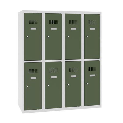 Niższe szafki szatniowe szkolne, 8 przedziałów, 300 mm, zamek cylindryczny - Niższa szafka szatniowa szkolna, 8 przedziałow, 300 mm, szara/zielona, za