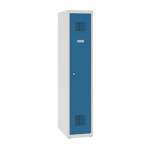 Niższe szafki szatniowe szkolne, 1 słupek, 300 mm, zamek cylindryczny - Niższa szafka szatniowa szkolna, 1 słupek, 300 mm, szara/niebieska, zamek cyli