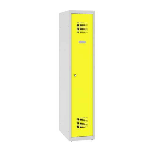 Niższe szafki szatniowe szkolne, 1 słupek, 300 mm, zamek cylindryczny - Niższa szafka szatniowa szkolna, 1 słupek, 300 mm, szara/żółta, zamek cylindry