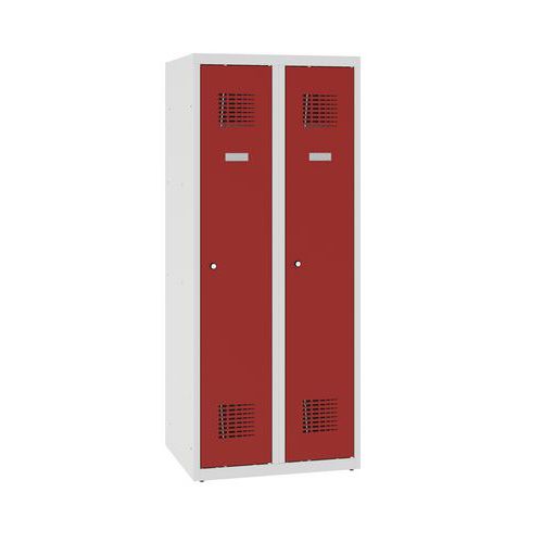 Niższe szafki szatniowe szkolne, 2 słupki, 300 mm, zamek cylindryczny - Niższa szafka szatniowa  szkolna, 2 słupki, 300 mm, szara/czerwona, zamek cyli