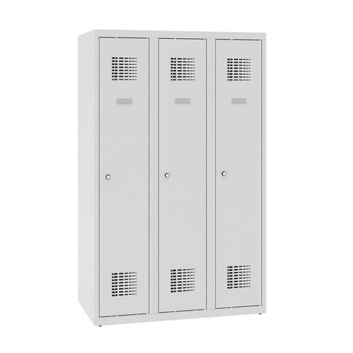 Niższe szafki szatniowe szkolne, 3 słupki, 300 mm, zamek cylindryczny - Niższa szafka szatniowa szkolna, 3 słupky, 300 mm, szara/szara, zamek cylindry