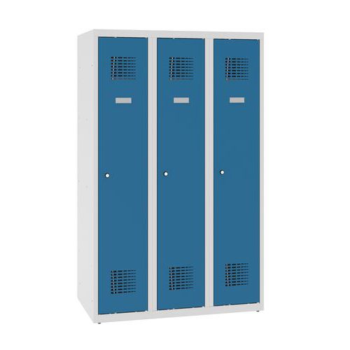 Niższe szafki szatniowe szkolne, 3 słupki, 300 mm, zamek cylindryczny - Niższa szafka szatniowa szkolna, 3 słupky, 300 mm, szara/niebieska, zamek cyli