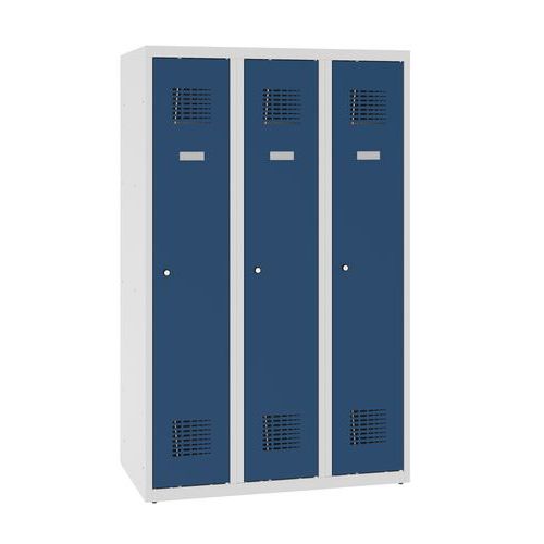 Niższe szafki szatniowe szkolne, 3 słupki, 300 mm, zamek cylindryczny - Niższa szafka szatniowa szkolna, 3 słupky, 300 mm, szara/ciemnoniebieska, zame