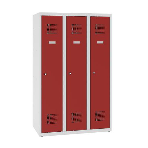 Niższe szafki szatniowe szkolne, 3 słupki, 300 mm, zamek cylindryczny - Niższa szafka szatniowa szkolna, 3 słupky, 300 mm, szara/czerwona, zamek cylin