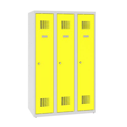 Niższe szafki szatniowe szkolne, 3 słupki, 300 mm, zamek cylindryczny - Niższa szafka szatniowa szkolna, 3 słupky, 300 mm, szara/żółta, zamek cylindry