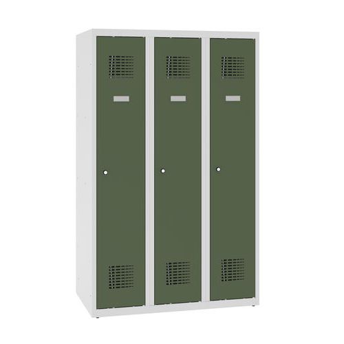 Niższe szafki szatniowe szkolne, 3 słupki, 300 mm, zamek cylindryczny - Niższa szafka szatniowa szkolna, 3 słupky, 300 mm, szara/zielona, zamek cylind