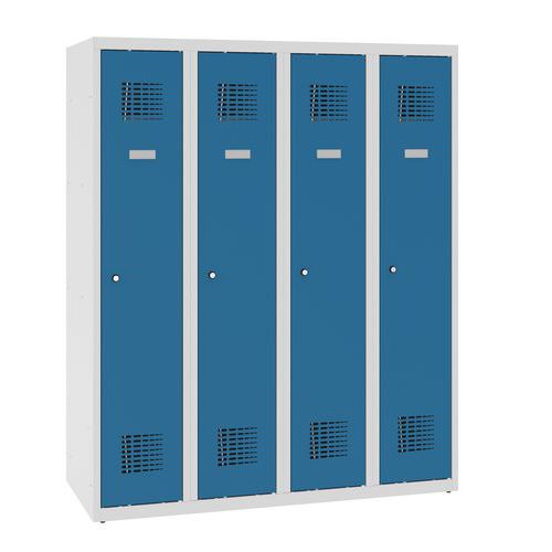Niższe szafki szatniowe szkolne, 4 słupki, 300 mm, zamek cylindryczny - Niższa szafka szatniowa szkolna, 4 słupky, 300 mm, szara/niebieska, zamek cyli