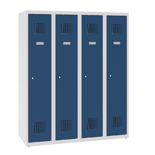 Niższe szafki szatniowe szkolne, 4 słupki, 300 mm, zamek cylindryczny - Niższa szafka szatniowa szkolna, 4 słupky, 300 mm, szara/ciemnoniebieska, zame