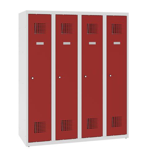 Niższe szafki szatniowe szkolne, 4 słupki, 300 mm, zamek cylindryczny - Niższa szafka szatniowa szkolna, 4 słupky, 300 mm, szara/czerwona, zamek cylin