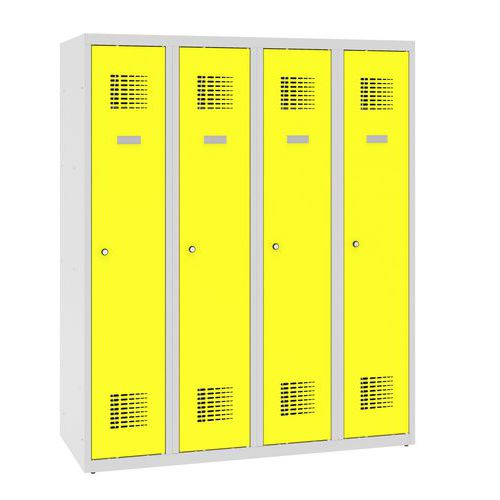Niższe szafki szatniowe szkolne, 4 słupki, 300 mm, zamek cylindryczny - Niższa szafka szatniowa szkolna, 4 słupky, 300 mm, szara/żółta, zamek cylindry
