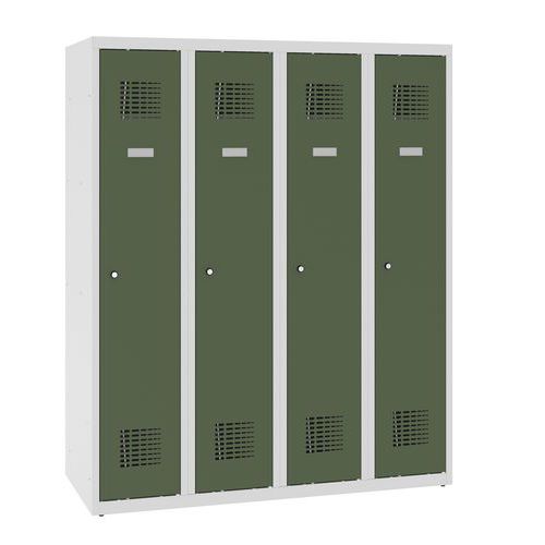 Niższe szafki szatniowe szkolne, 4 słupki, 300 mm, zamek cylindryczny - Niższa szafka szatniowa szkolna, 4 słupky, 300 mm, szara/zielony, zamek cylind