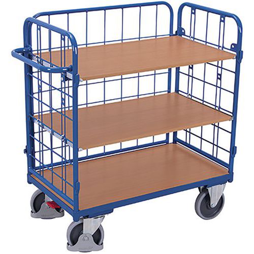 Wózki półkowe z uchwytem i bokami z siatki, do 400 - 500 kg, 3 półki - Wózek półkowy z uchwytem i bokami z siatki, do 400 kg, 3 półki, 118 x 104 x 52,