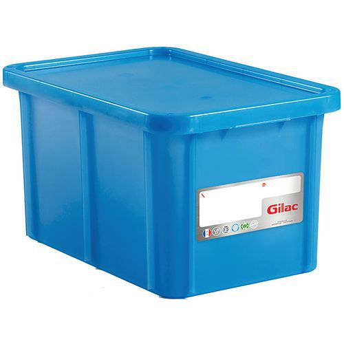 Skrzynki plastikowe do układania w stosy z pokrywą Gilac - Skrzynia plastikowa składana z pokrywą Gilac, 55 l, niebieska
